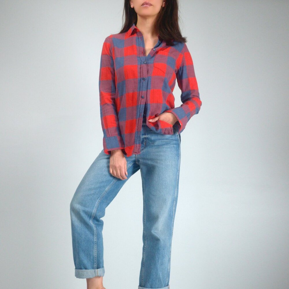 J. Crew Buffalo Check Plaid Boy Shirt, Red & Blue Collared Button Down, sz 0P